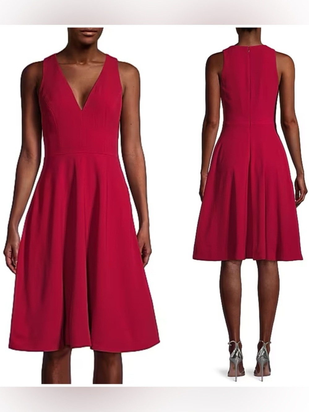 Dress the Population Catalina V-Neck Fit & Flare Deep Red Midi Dress NWT $182